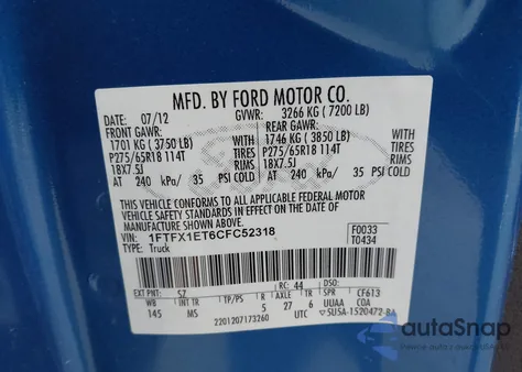 2012 Ford F-150 Xlt из США, поврежденный, VIN 1FTFX1ET6CFC52318